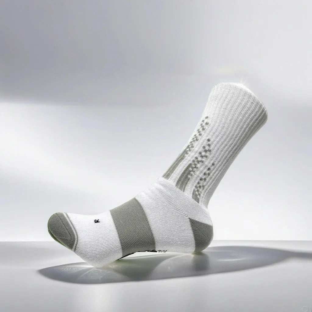 Pickleball socks crew in white and grey, designed for comfort and performance with enhanced grip and cushioning.