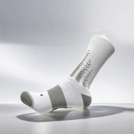 Pickleball socks crew in white and grey, designed for comfort and performance with enhanced grip and cushioning.