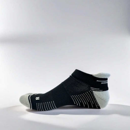 Low cut black and grey running socks with arch support and ventilation designed for comfort and stability during runs